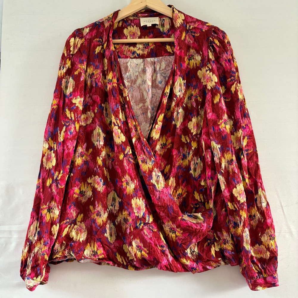 Sezane‎ Red Ikat Floral Wrap Blouse Long Sleeve Jacquard V-Neck Top Size 44